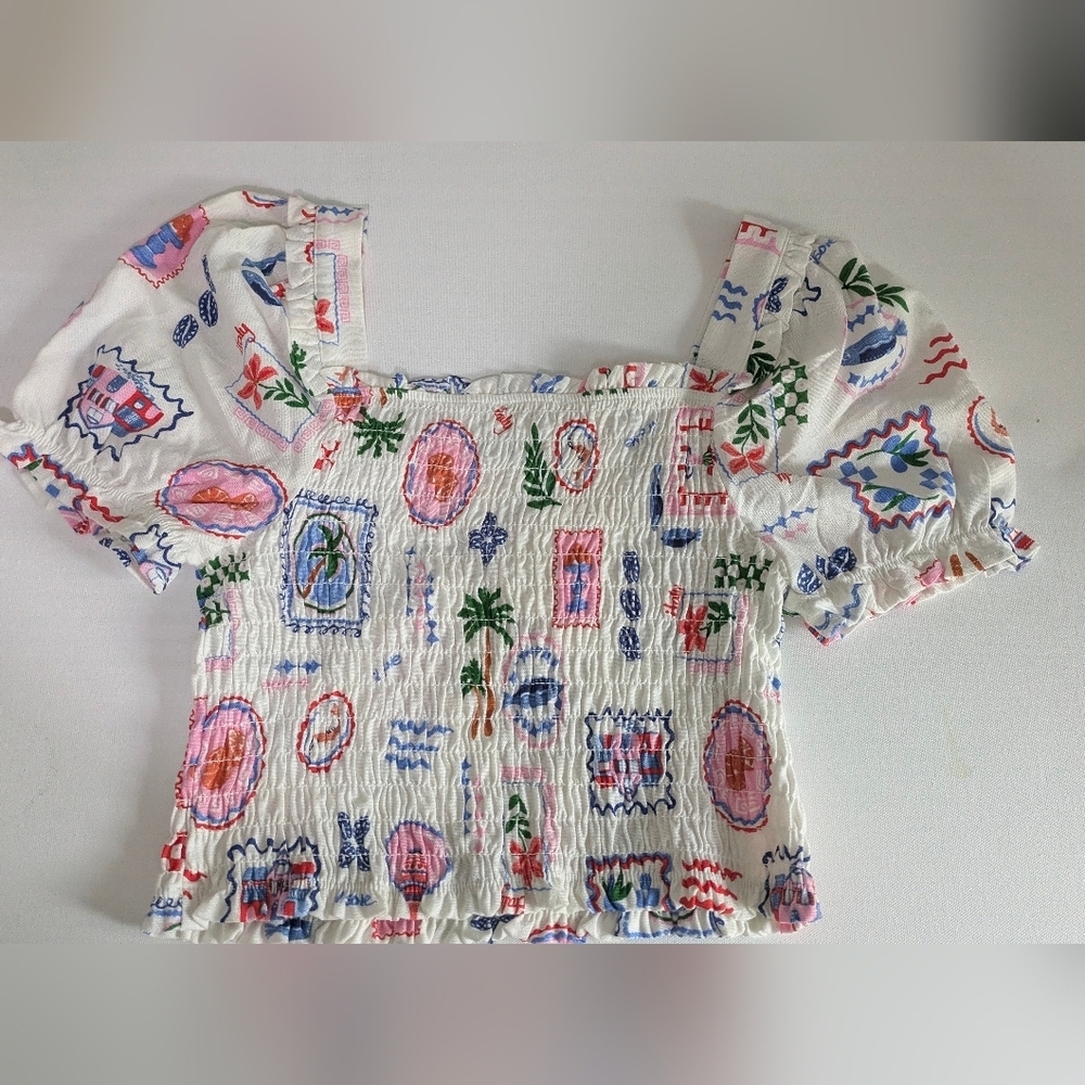Monteau New Lined Blend Cropped Top Short Sleeve Size L Tropical Fun Hippie Boho - Picture 9 of 9